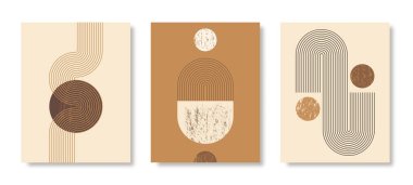 Basit çizgiler ve dairelerin geometrik şekilleriyle Soyut Modern Sanat Arka Planları. Boho Vektör İllüstrasyonu