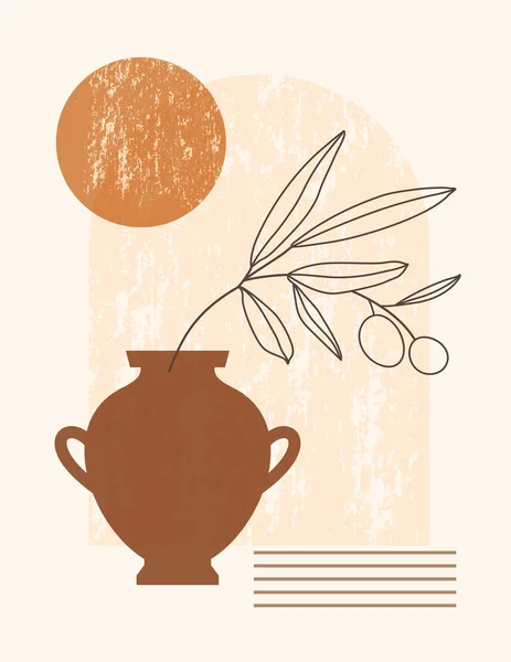 Moda Minimal Tarzı 'nda Arch, Vazo ve Güneş ile Soyut Boho İllüstrasyonu. Vektör Çağdaş Arkaplan