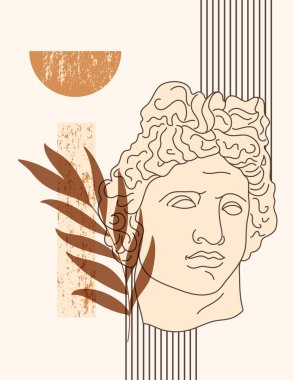 Soyut Boho Illustration with Antika Heykel of Apollo in the Minimal Trendy Style. Vektör Çağdaş Arkaplan