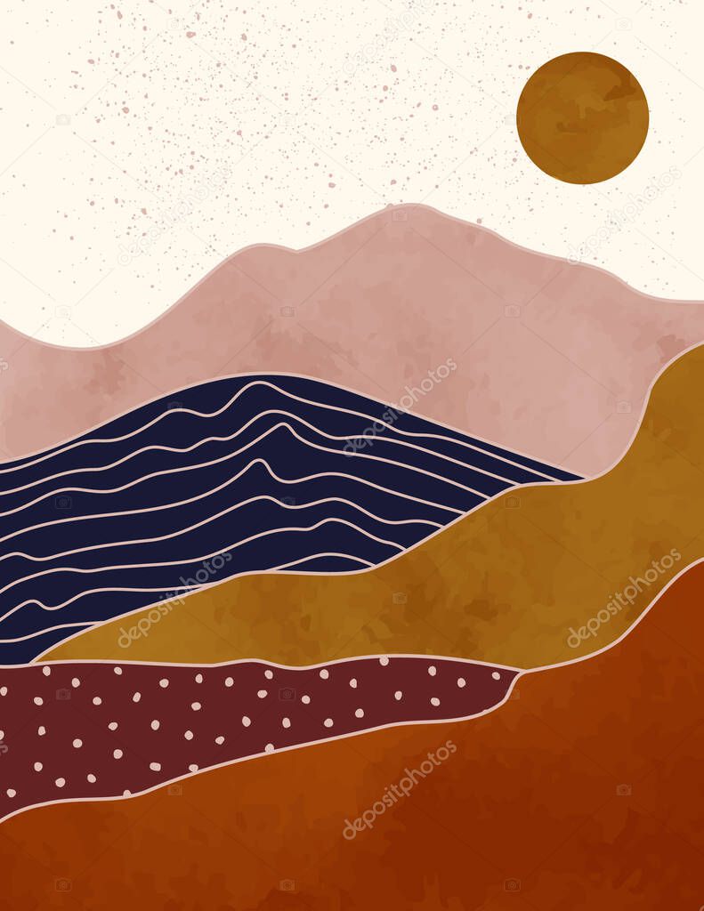 Abstract Landscape of Mountains with the Sun in a Minimal Trendy Style. Vector Background in Terracotta Colors