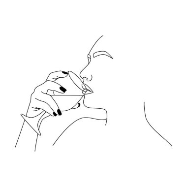 Kadın, Asgari Eğilimli Lineer Tarzı ile Şarap İçiyor. Profildeki Kadın Şeklinin Vektör Moda İllüstrasyonu.