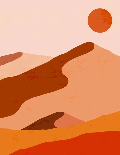 Abstrakte Landschaft aus Wüste und Sonne im minimalen Trendstil. Boho-Kunst. Vektorhintergrund in braunen und orangen Farben — Stockvektor