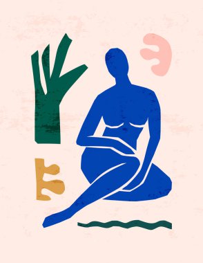 Matisse 'den esinlenilmiş Soyut Kadın Figürü ve Organik Şekiller Sanatı modaya uygun minimalist tarzda. Vektör Kolajı