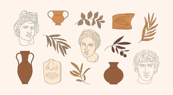 一套时尚风格的阿波罗和阿芙罗狄蒂、古代花瓶和橄榄枝的古希腊雕塑。B.病媒 — 图库矢量图片