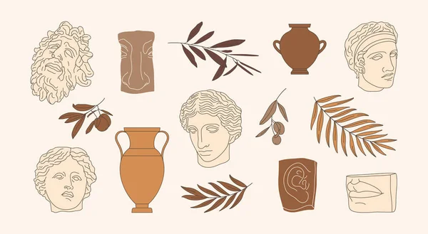 一套古董希腊雕塑，古代花瓶和橄榄枝在最小的衬里流行风格。病媒图解 — 图库矢量图片