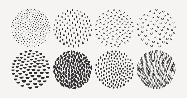 Ensemble de textures de cercle dessinées à la main dans un style contemporain de points, gouttes, traits, arcs, tiques. Éléments vectoriels — Image vectorielle