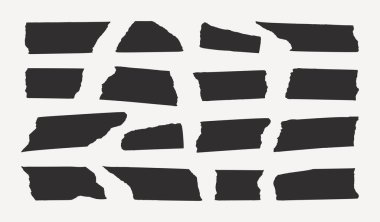 Washi Bant Parçaları Silüeti Basit Tarzda Ayarlandı. Beyaz arkaplan üzerinde izole edilmiş Vektör Torn Siyah Kağıdı