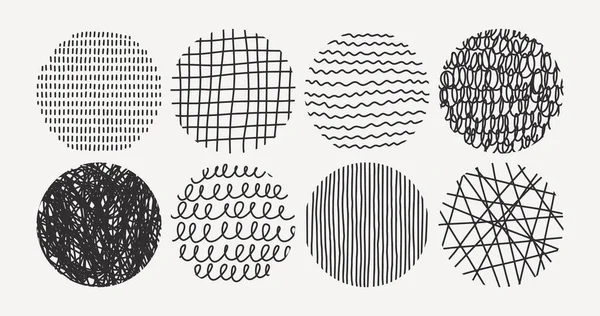 Conjunto de texturas lineales dibujadas a mano en estilo contemporáneo aisladas sobre fondo blanco. Elementos geométricos redondos vectoriales Vector De Stock