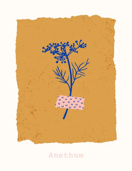 Fondo floral abstracto en estilo minimalista de moda. Ilustración botánica vectorial. Eneldo pegado en la cinta Washi Gráficos Vectoriales