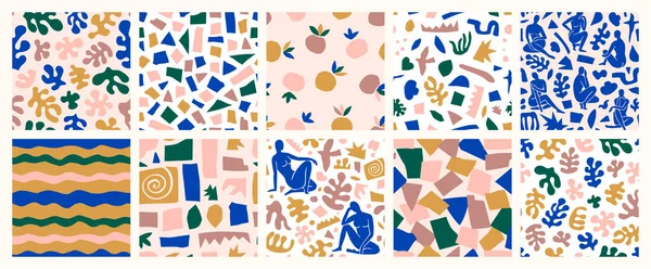 Matisse inspirado abstracto sin costuras conjunto de patrones con formas orgánicas recortadas en un estilo minimalista de moda. Fondo vectorial Ilustraciones De Stock Sin Royalties Gratis