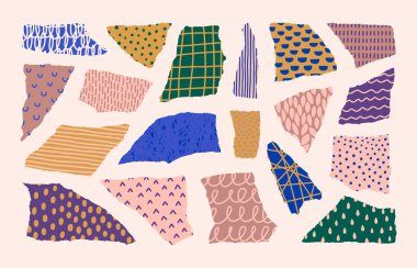 Çağdaş Biçimli Kolaj Kağıt Şekil Dizisi. Vektör Yırtık Renkli