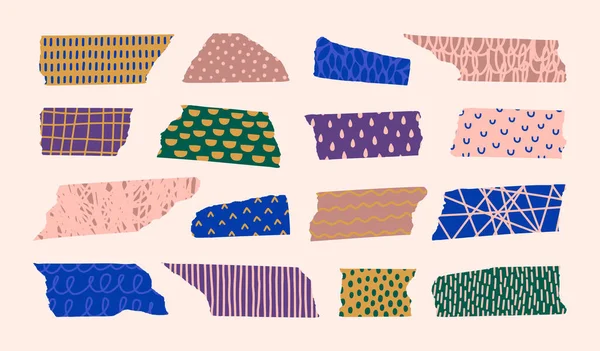 Осколки ленты Washi Set with Different Hand Draw Patterns в современном стиле. Вектор, разрывающий бумагу — стоковый вектор