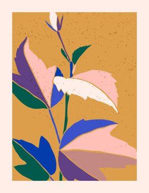 Sanat Kolajı Hibiscus Minimal Moda Tarzı. Hardal arkaplanındaki bitkilerin silueti. Vektör