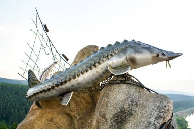Yenisei Nehri 'nde yaşayan mersin balığı anıtı. Yazar Astaviev 