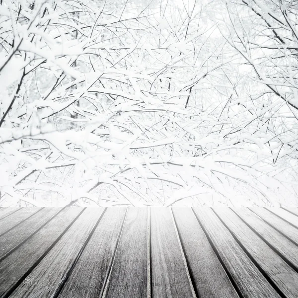 Bosque de invierno con tabla de madera . — Foto de Stock