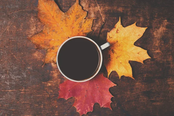 Folhas e xícara de café preto — Fotografia de Stock