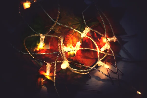 Lichtergirlanden mit Ahornblättern. — Stockfoto