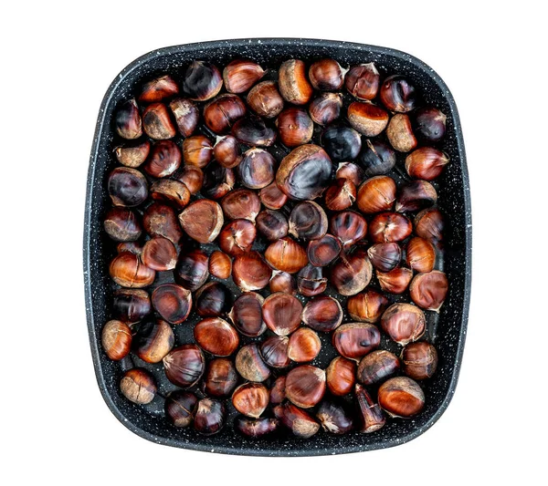 Roasted Chestnuts Black Chestnut Pan Isolated White Background Top Vie — Stock Photo, Image