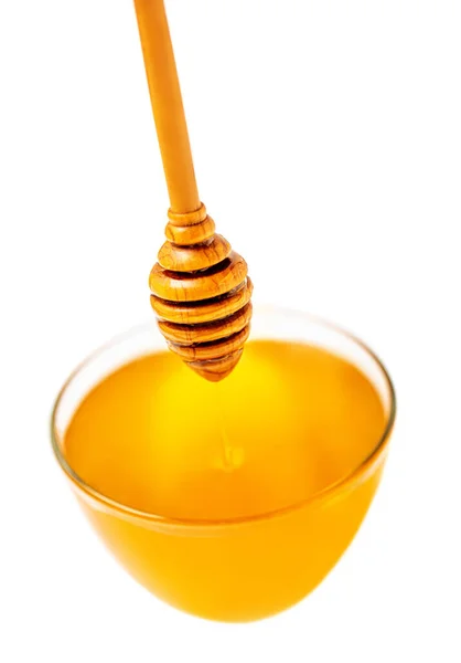 Honey Glass Üveg Mártogatós Izolált Fehér Háttérrel Természetes Méz — Stock Fotó