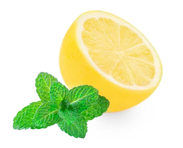 Erba Limone Menta Isolata Sfondo Bianco Frutta Limone Dimezzata Vicino — Foto Stock