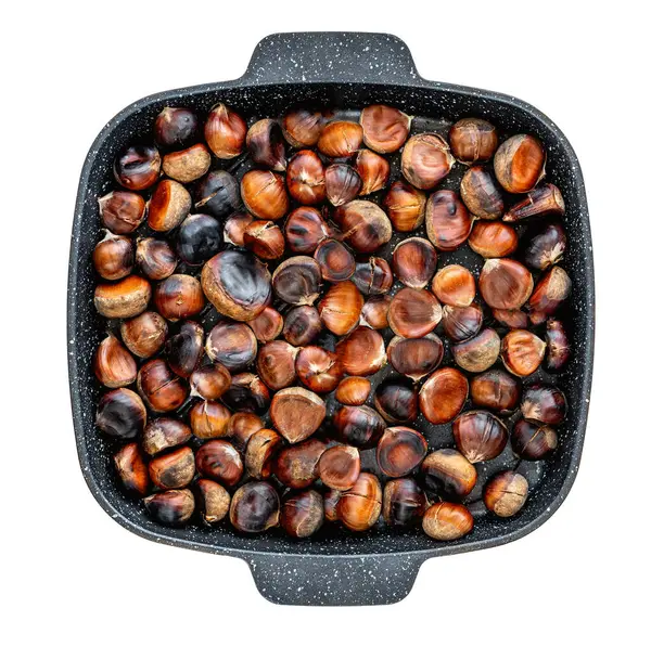 Roasted Chestnuts Served Chestnut Pan Isolated White Background Top Vie — Stock Photo, Image