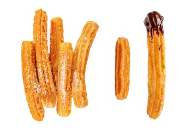 Churro beyaz arka planda izole edilmiş. Geleneksel İspanyol yemekleri. Çeşitli Churros Tepesi manzarası. Düz la