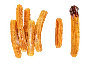 Churro isolated on white background. Traditional spanish food. Various Churros Top view. Flat la clipart