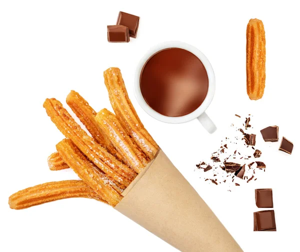 Diseño Creativo Hecho Pasteles Fritos Churros Taza Chocolate Negro Trozos — Foto de Stock