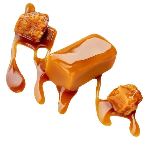 Karamel Snoepjes Met Karamelsaus Geïsoleerd Een Witte Achtergrond Butterscotch Toffee — Stockfoto