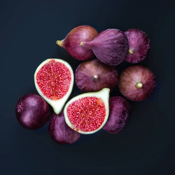 Figues Fraîches Mûres Sur Fond Sombre Vue Dessus Fruits Tropicaux — Photo