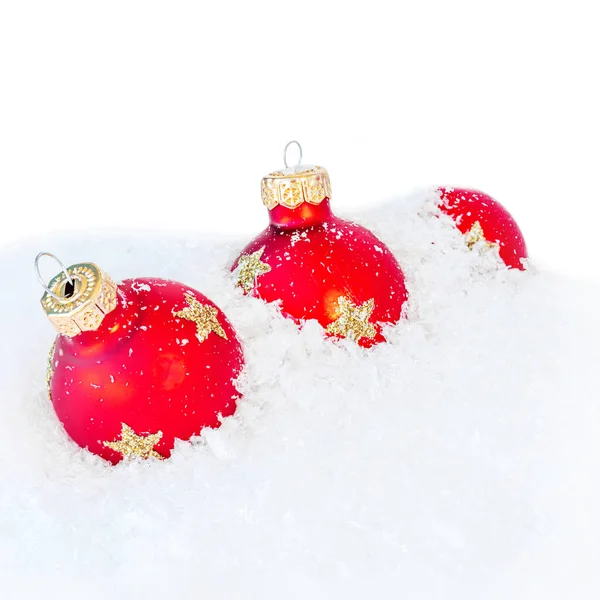 Composição Natal Com Baubles Vermelhos Neve Isolada Fundo Branco Natal — Fotografia de Stock