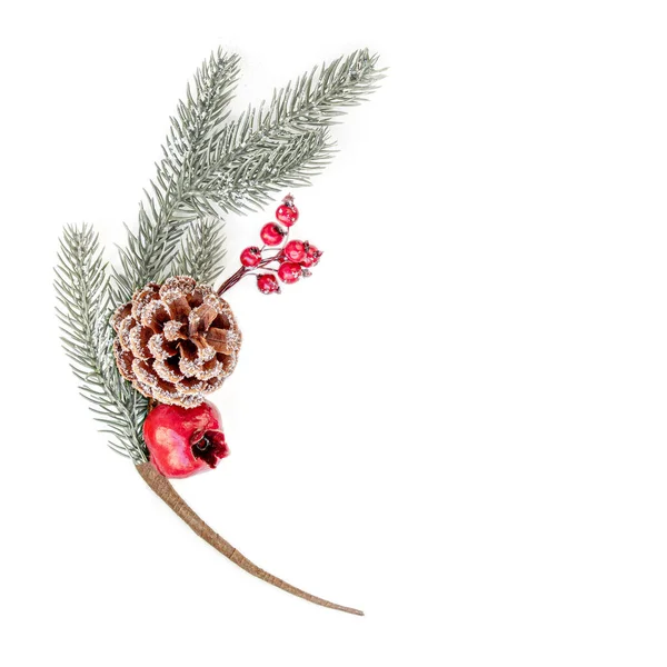 Christmas Fir Tree Branch Snow Red Berries White Background Christmas — Stock Photo, Image