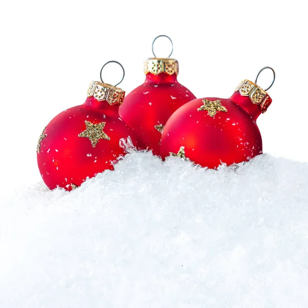 Christmas Red Balls Snow Isolated White Background Royalty Free Stock Images