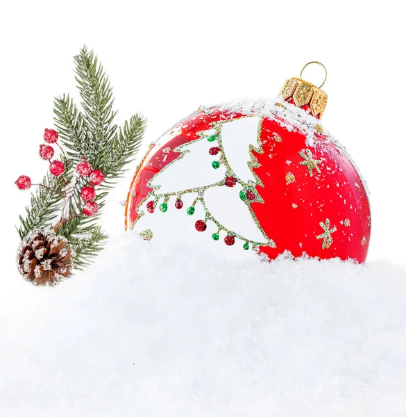 Christmas Red Ball Tree Decorations Pine Cone Frosty Snow Isolated — стоковое фото