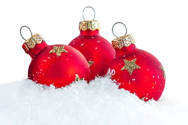 Carte Voeux Noël Avec Décorations Noël Boules Neige Rouges Isolées — Photo