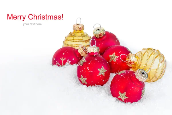 Christmas Card Red Balls Snow Isolated White Background Festive Christmas — Stock Photo, Image