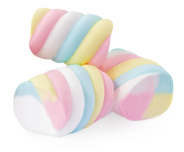 棉花糖在白色背景下被分离出来 彩虹色棉花糖的特写咀嚼特写特写 — 图库照片