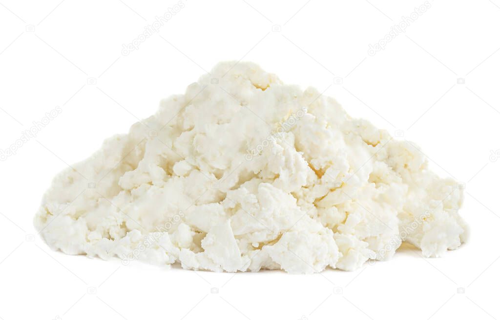 Pile of Cottage cheese isolated on white background closeup. Diary Organic foo