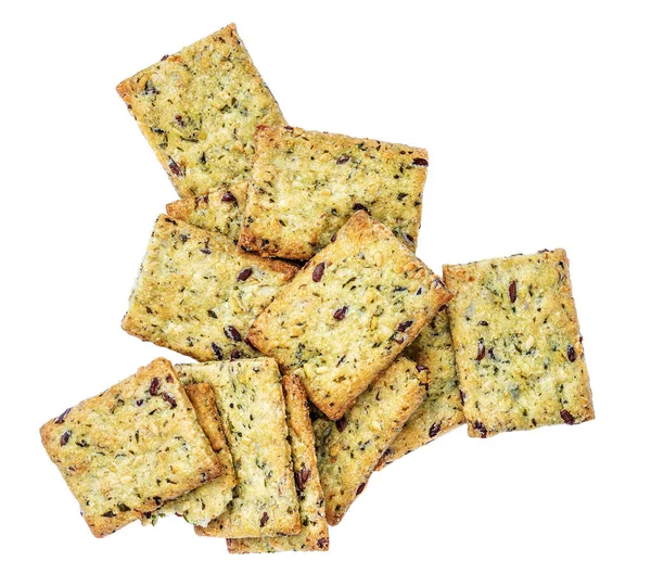 Zoute Crackers Geïsoleerd Witte Achtergrond Verpletterde Droge Cracker Koekjes Met — Stockfoto