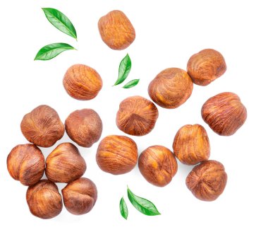 Yeşil yapraklı fındıklar beyaz arka planda izole edilmiş. Yaratıcı gıda düzeni. Fındıklı desen