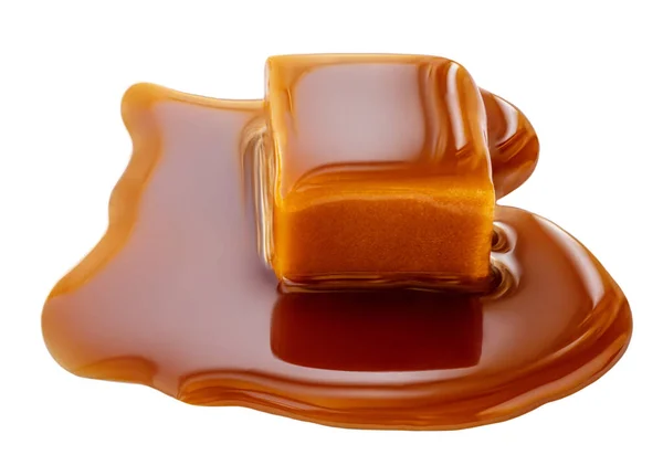 Dulce Bomboane Caramel Sos Caramel Izolat Fundal Alb Aproape — Fotografie, imagine de stoc