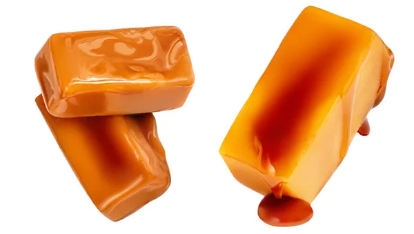 Dulces Caramelos Caramelo Con Salsa Caramelo Aislado Sobre Fondo Blanco —  Fotos de Stock