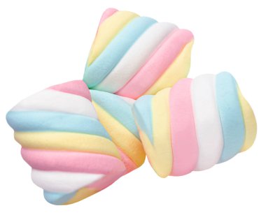 Beyaz arka planda izole edilmiş renkli şekerleme. Büyük, büyük marşmelov makro üst görünüm görüntüsü