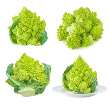 Beyaz arka planda izole edilmiş Romanesco brokoli veya Roma karnabaharı seti. 