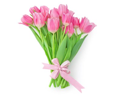 Beyaz arka planda izole edilmiş pembe laleler. Bahar lalesi çiçekleri fiyonklu