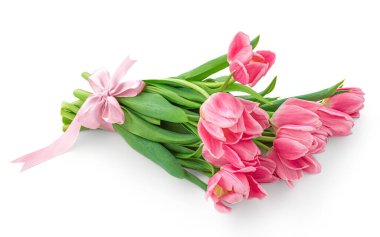 Beyaz arka planda izole edilmiş güzel laleler. Kadınlar için Bahar Çiçekleri Günü, Düğün, Doğum Günü 