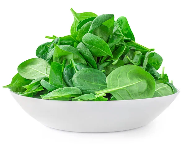 Čerstvé Listy Špenátu Talíři Izolovaném Bílém Pozadí Zelený Špenátový Oběd — Stock fotografie