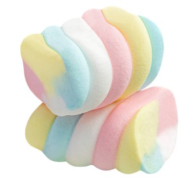 Beyaz arka planda izole edilmiş yumuşak renkli şekerleme. Kocaman, büyük ve bükülmüş makro şekerlemeler.