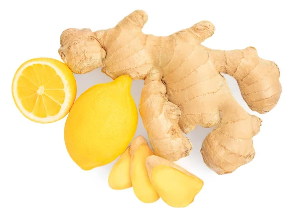Ginger Root Lemon Fruit Fresh Ginger Rhizome Slices Isolated White — Stock Photo, Image