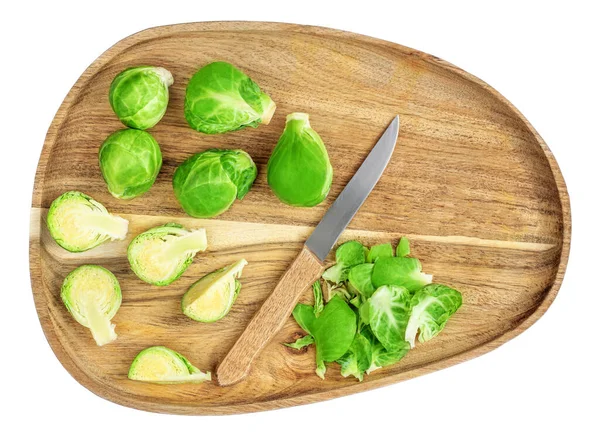 Brussel Sprouts Cutting Board Isolated White Background Cooking Concepts Preparing — Stock Photo, Image